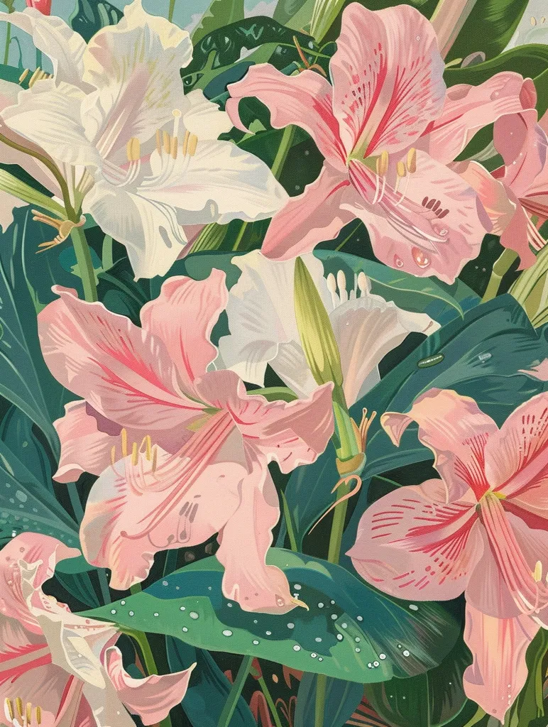 A vibrant close-up depicts a lush arrangement of pink and white lilies, their petals delicately rendered with varying shades and subtle veining.  Large, lush green leaves, speckled with water droplets, form a backdrop, enhancing the floral display's vibrancy and creating a sense of depth.  The artwork showcases a masterful blend of color and detail, capturing the beauty of the flowers in a highly stylized manner.