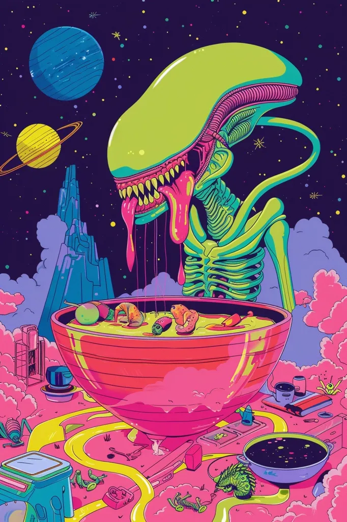 A vibrant, psychedelic illustration depicts an alien, reminiscent of an Alien Xenomorph, consuming a large bowl of vibrant, otherworldly soup.  The scene is set against a cosmic backdrop featuring planets and stars.  The alien's skeletal structure and long, dripping tongue are prominent features.  Surrounding the bowl are various whimsical objects and creatures in a surreal, dreamlike setting. The overall style is bold and colorful, with a focus on striking contrasts and bold lines.