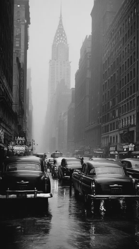 A black and white photograph depicts a rainy day in New York City.  Classic cars navigate a wet street, their reflections shimmering in the puddles.  The Chrysler Building rises majestically in the background, partially obscured by a misty fog.  The scene evokes a sense of timeless urban atmosphere, with Art Deco architecture and vintage vehicles.  The overall mood is somber and atmospheric.