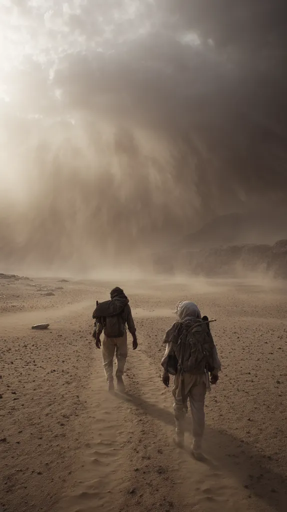 Two figures, heavily laden with backpacks, trek across a vast, sandy desert landscape under a dramatic, overcast sky.  A sandstorm swirls around them, obscuring the horizon.  The scene evokes a sense of isolation and the harshness of the environment. The figures' silhouettes are stark against the swirling dust and muted light.