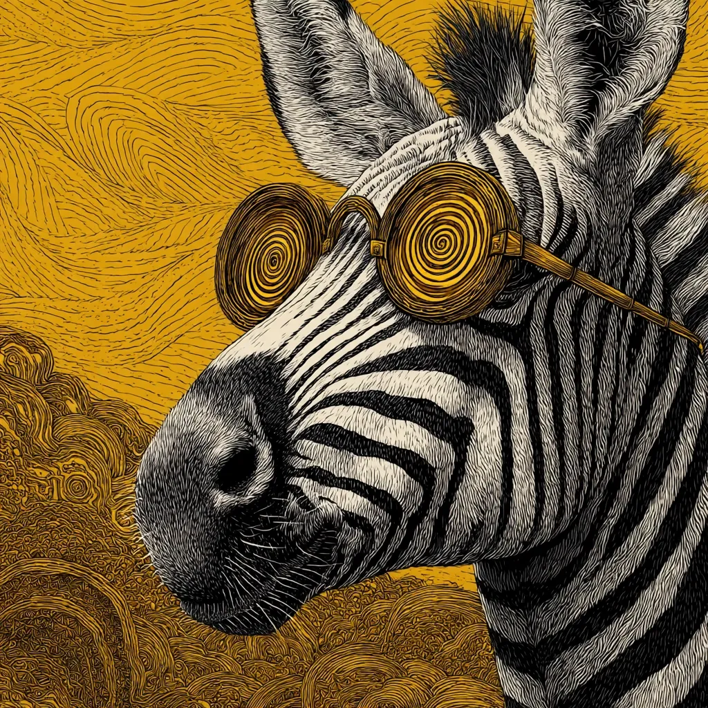 Close-up illustration of a zebra's head and shoulders. The zebra wears large, round, spiral-patterned glasses. The background features a stylized, swirling, mustard-yellow pattern. The art style is reminiscent of woodcuts or linocuts, with bold black lines defining the zebra's stripes and features against a textured background.  The overall impression is one of quirky sophistication and artistic flair.