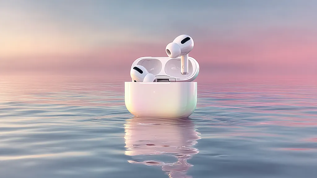 A pair of white AirPods rests in their iridescent charging case, which floats gently on calm, pastel-hued water. The serene scene evokes a sense of peace and tranquility, with the soft colors of the sky reflected on the water's surface.  The AirPods' sleek design contrasts beautifully with the natural setting.