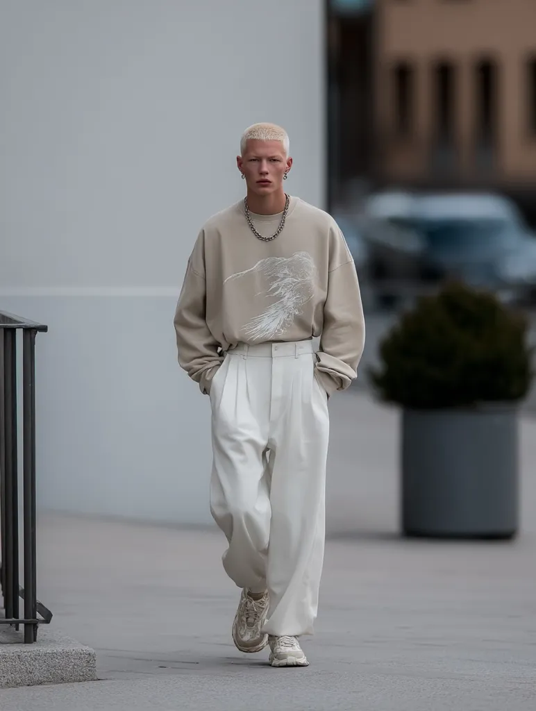 A young man with blond hair walks down a city street. He's dressed in a beige sweatshirt featuring a subtle graphic design, paired with loose-fitting white trousers and off-white sneakers.  A silver chain necklace completes the minimalist, monochromatic outfit.  The overall style is relaxed and contemporary.