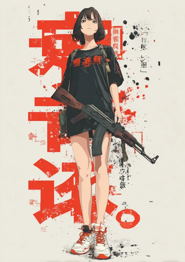 An anime-style illustration depicts a young woman with short brown hair, clad in a black t-shirt and short skirt. She holds an AK-47 rifle, her expression serious.  The background features large, stylized red kanji characters with a grunge aesthetic, creating a visually striking contrast between the clean lines of the character and the chaotic backdrop.  The overall style suggests a post-apocalyptic or action-oriented theme.