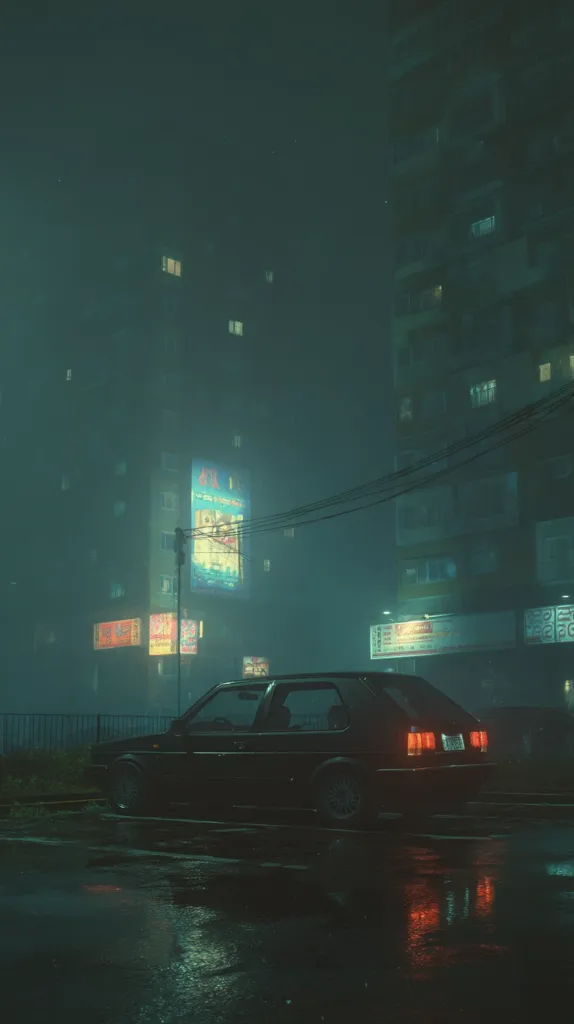 A dark-colored car sits parked on a rain-slicked street at night.  Tall buildings loom in the background, their windows glowing faintly in the misty atmosphere.  Neon signs cast a muted glow on the wet pavement.  The overall mood is melancholic and atmospheric, with a synthwave aesthetic. The scene is shrouded in a heavy fog or mist.