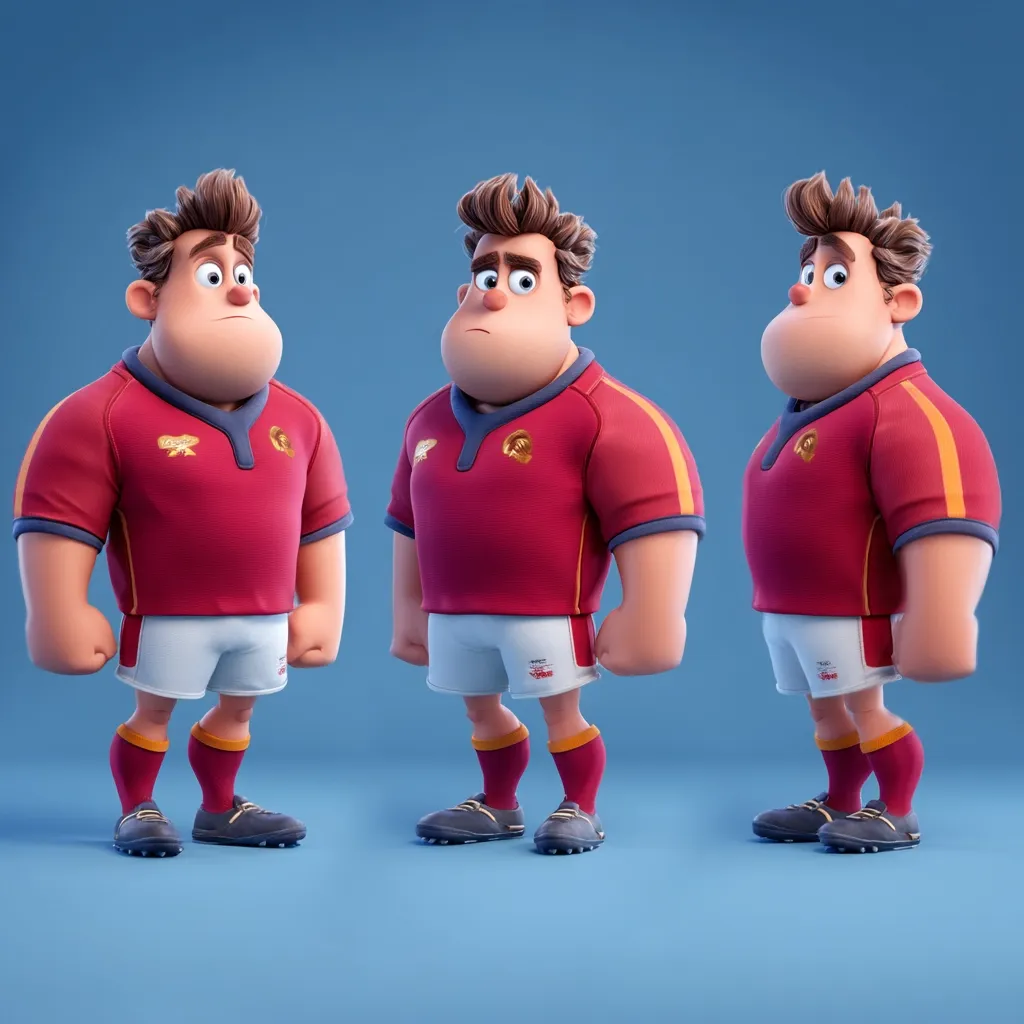 Three 3D-rendered models of a stout, cartoonish rugby player are shown in various poses against a blue backdrop.  He's wearing a maroon rugby shirt with gold accents, white shorts, and maroon socks and shoes.  The character's expression is slightly somber in each rendering, showcasing a range of subtle postural changes. The overall style is playful yet detailed.