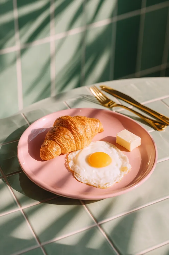 A pink plate holds a simple yet elegant breakfast: a flaky croissant, a perfectly fried sunny-side-up egg with a bright yolk, and a small pat of butter.  Gold cutlery rests beside the plate on a pale green tiled table, dappled with sunlight filtering through a window.  The scene is minimalist and inviting, showcasing a delightful morning meal.