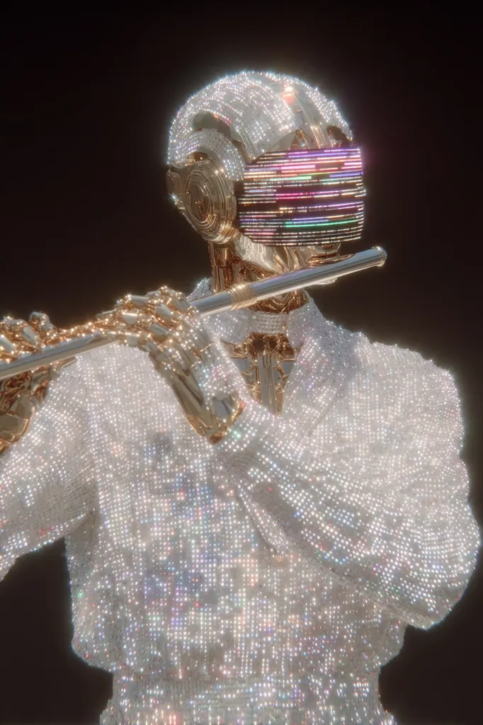 A dazzling, robotic figure, adorned in a shimmering, sequined white outfit, plays a flute.  Its golden helmet features a vibrant, multicolored digital display across the face. The image is stylized with a retro-futuristic aesthetic, blending metallic gold with sparkling white, creating a striking contrast against the dark background.
