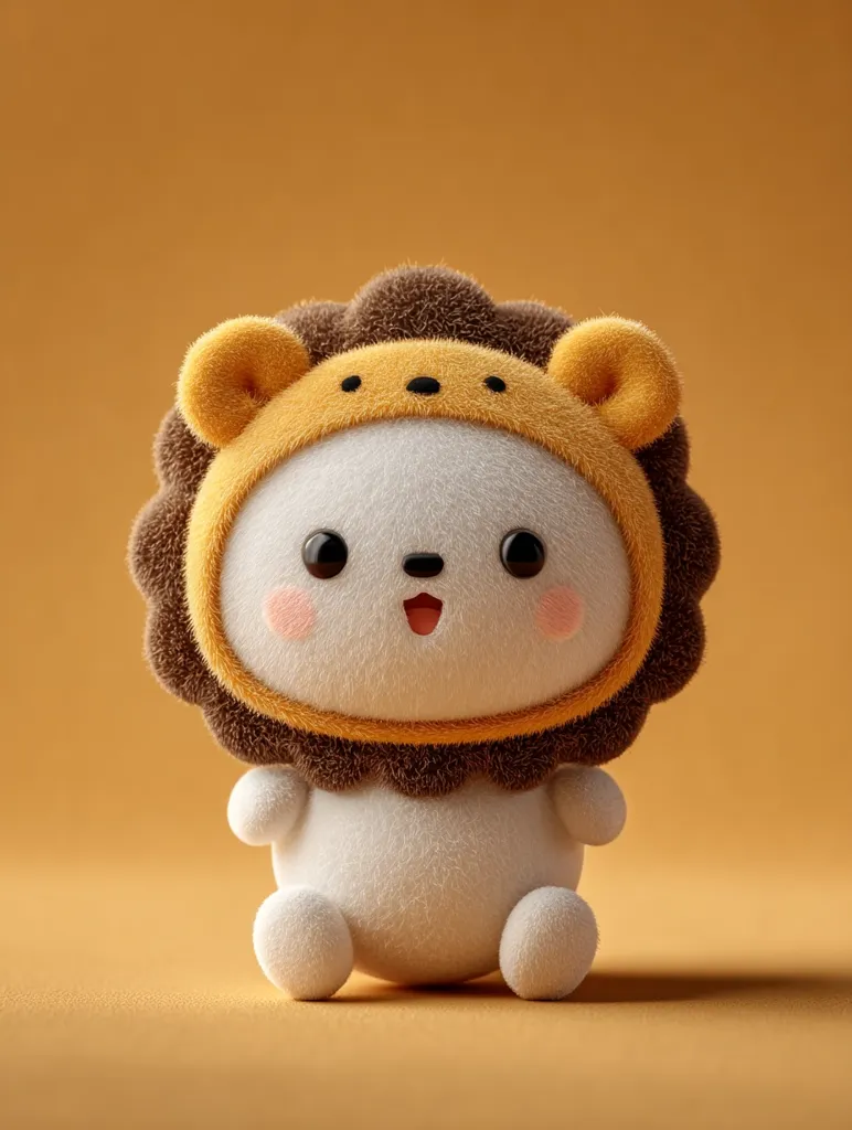 A cute, fluffy, white creature sits against a muted orange background.  It wears a brown and yellow lion costume complete with ears and mane.  The creature has large, expressive eyes and a cheerful expression, giving it an endearing and playful appearance. The 3D-rendered image showcases soft textures and a charming design.