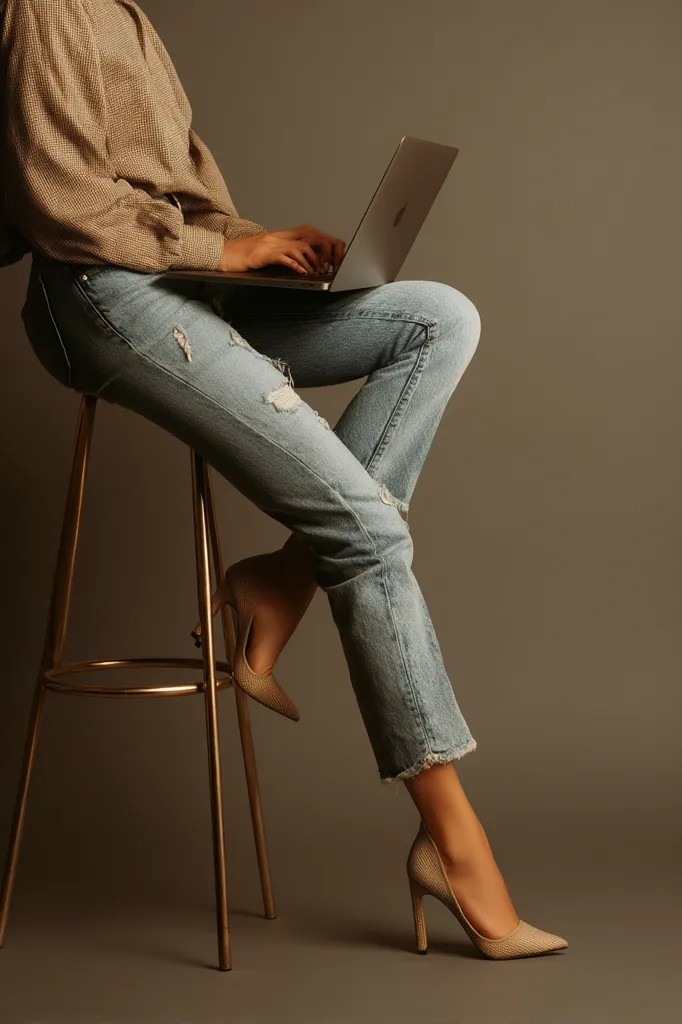 A woman sits on a gold stool, working on a silver laptop.  She wears a beige blouse, distressed light blue jeans, and beige pointed-toe high heels. The setting is minimalist, with a muted brown background. The image focuses on fashion and casual work style.