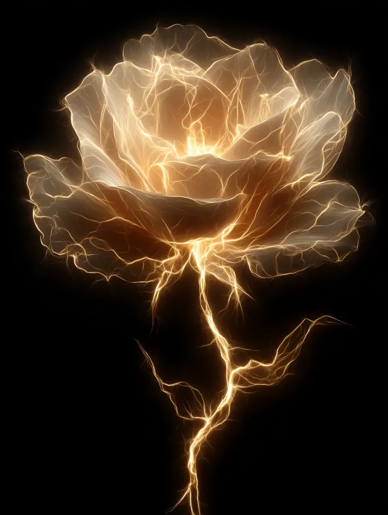 A radiant, golden rose blossoms against a stark black background.  Its petals and stem are intricately detailed with glowing, lightning-like energy, creating a surreal and ethereal effect. The image evokes feelings of magic, power, and delicate beauty, combining the natural form of a rose with the dynamism of electricity.  The light emanates from within the rose, illuminating its form.