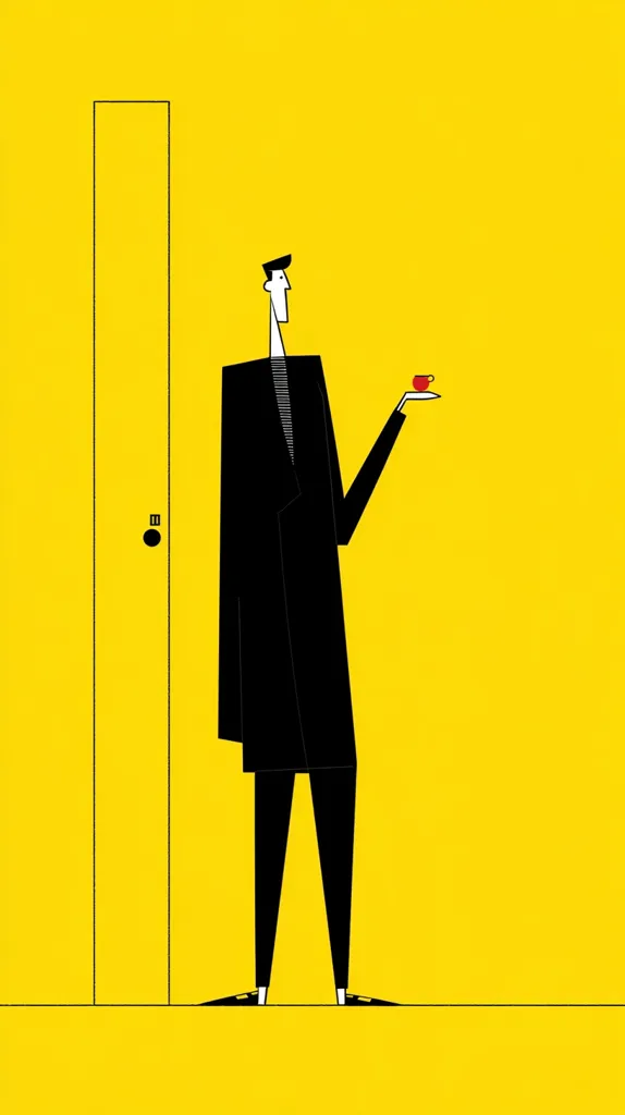 A minimalist illustration depicts a man in a black coat standing before a yellow door. He holds a small red cup in his outstretched hand. The figure is stylized, with sharp lines and geometric shapes. The bright yellow background provides a stark contrast to the black figure and the red cup, creating a visually striking image.  The scene suggests a moment of quiet contemplation or anticipation.