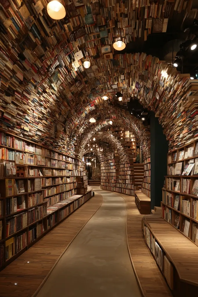 A captivating bookstore features a tunnel-like walkway lined with bookshelves.  The ceiling and walls are densely packed with books, creating a visually stunning and immersive atmosphere.  Warm lighting illuminates the wooden floor and the countless volumes, inviting readers into a world of literature.  The design is both unique and functional, showcasing a love of books in an innovative architectural space.