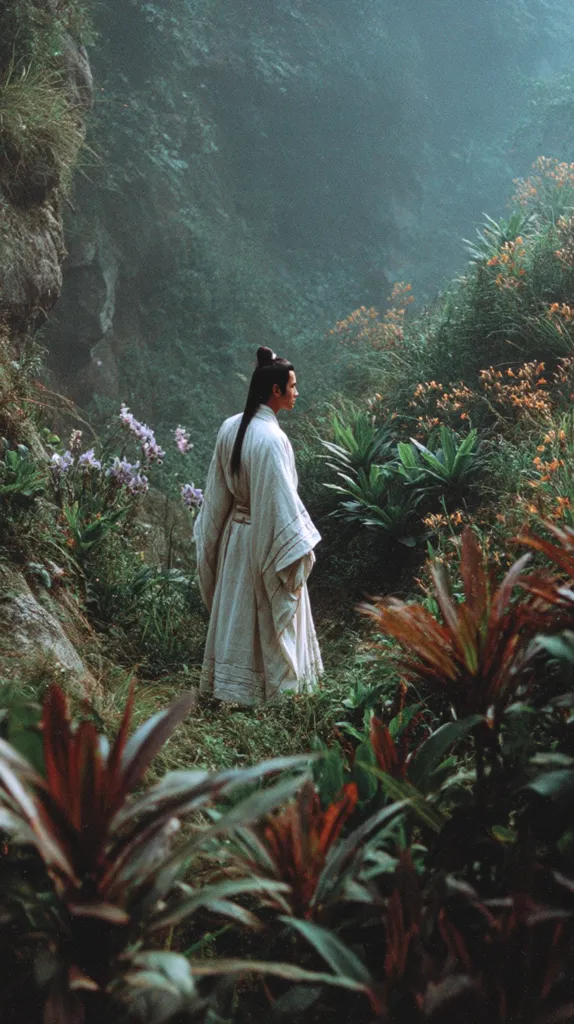 A man in a flowing, light-colored robe stands in a lush, verdant landscape.  He is positioned with his back to the viewer, gazing towards a misty, mountainous background.  The scene evokes a sense of serenity and mystery, with the rich greenery and soft light contributing to a contemplative atmosphere.  Wildflowers and various tropical plants surround him.