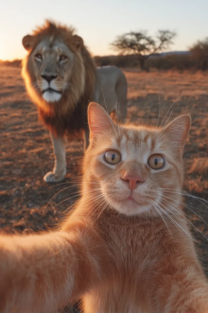 A ginger cat takes a selfie with a majestic male lion in the background. The setting sun casts a warm glow on the scene, highlighting the cat's fur and the lion's mane. The lion stands calmly in the dry, grassy savanna, while the cat playfully extends its paw towards the camera.  The contrast between the two animals creates a humorous and unexpected image.