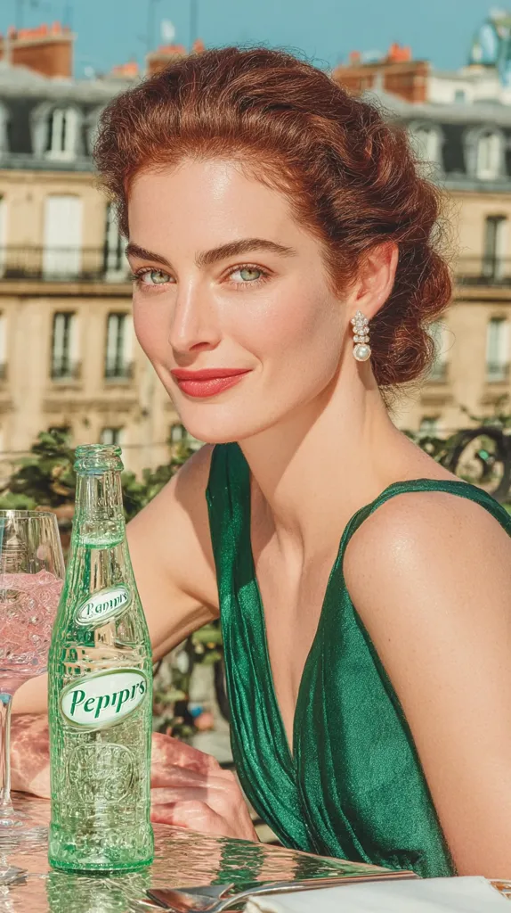 A woman with vibrant red hair styled in a sophisticated updo sits outdoors, wearing a glamorous emerald green dress.  She has flawless makeup and is elegantly accessorized with pearl earrings.  A bottle of Peppri's sparkling water sits on the table in front of her, adding to the luxurious Parisian setting visible in the background.  The scene evokes a feeling of sophisticated summer elegance.