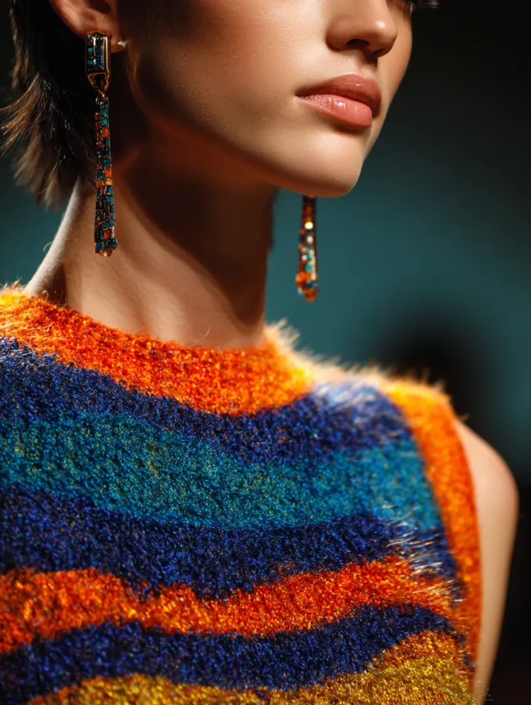 Close-up of a woman's face and neck, showcasing her makeup and a vibrant, horizontally striped sweater in shades of orange, teal, and navy blue.  She wears long, dangling earrings with multicolored stones. The texture of the knitwear is emphasized, creating a luxurious and fashionable feel.  The image is darkly lit, focusing the attention on her features and attire.