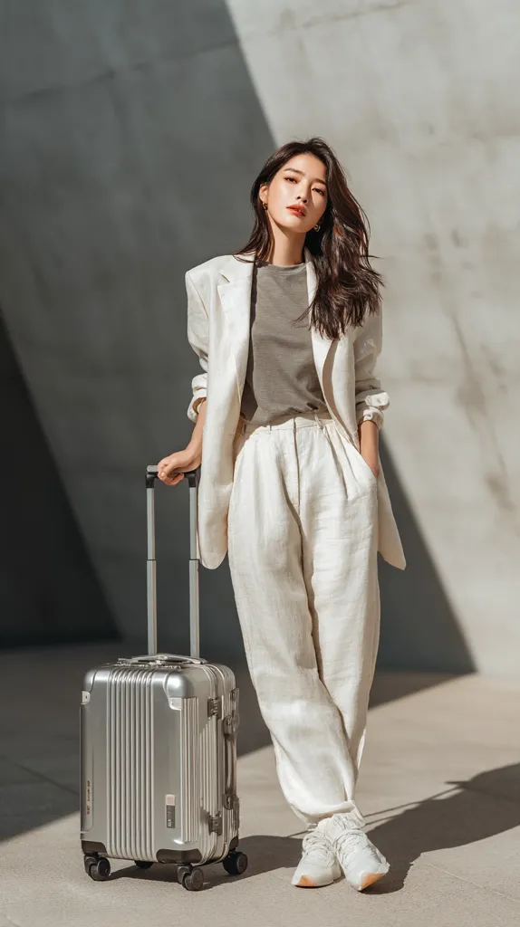 A stylish young woman stands against a modern concrete wall, poised and elegant. She's dressed in a cream linen suit, a simple grey top, and white sneakers.  A silver carry-on suitcase stands beside her, adding to the sophisticated travel aesthetic. Sunlight casts dramatic shadows, highlighting her chic attire and confident pose.