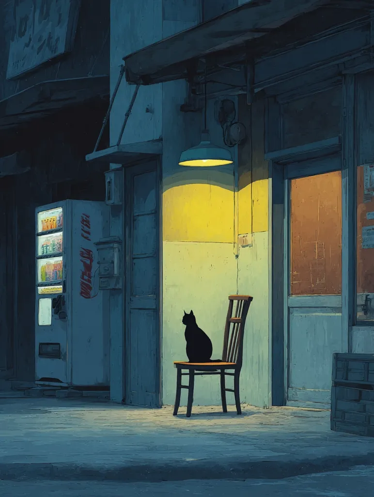 A black cat sits serenely on a wooden chair outside a dimly lit shop at night.  A vending machine stands nearby, casting a muted glow. The scene is bathed in cool, nocturnal hues, emphasizing the quiet solitude of the alleyway.  The overall atmosphere is calm and melancholic, evoking a sense of peaceful stillness in an urban setting. A single yellow lamp hangs above, illuminating the cat and the chair.