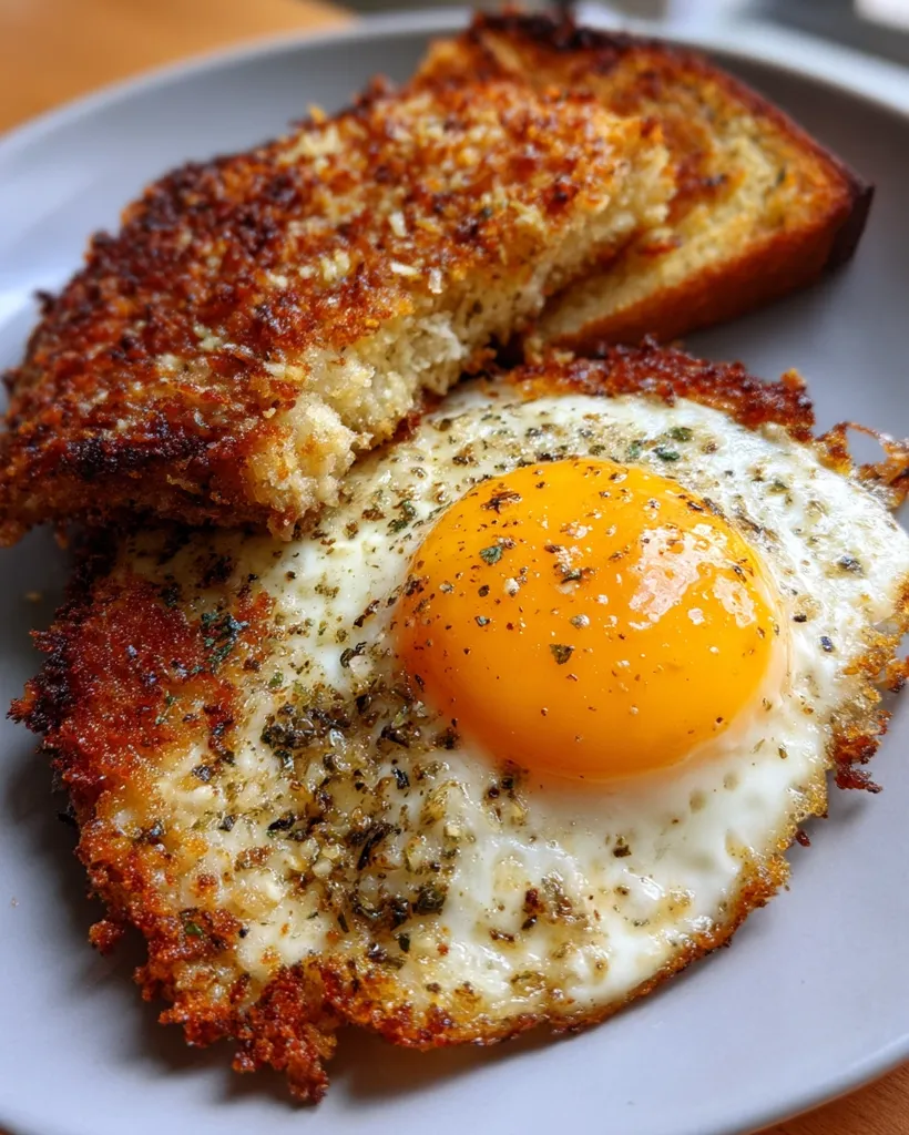 A perfectly fried egg with a crispy, seasoned edge rests atop a bed of crunchy garlic bread.  The yolk is bright and golden, speckled with herbs. The toasted bread is generously coated in parmesan cheese, creating a flavorful and visually appealing breakfast or brunch dish. The presentation is simple yet elegant, served on a light gray plate.