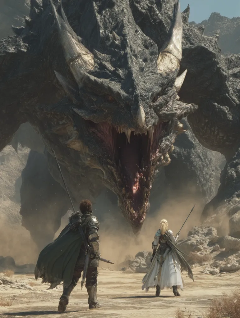 Two armored figures, a man and a woman, stand defiantly before a colossal, menacing dragon in a desolate, rocky landscape.  The dragon's massive form dominates the scene, its gaping maw revealing sharp teeth.  Dust swirls around the figures as they face the formidable beast, creating a dramatic and tense atmosphere. The scene suggests an epic battle is imminent.