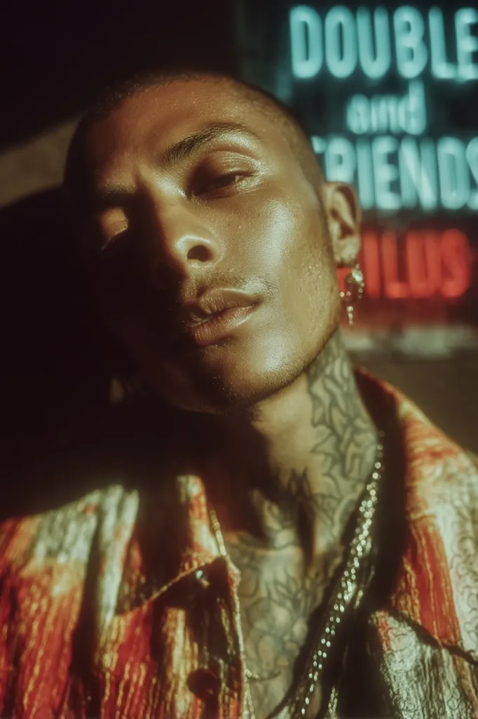 Close-up portrait of a young man with short, dark hair and a tattooed neck. He wears a patterned, open shirt in shades of orange and beige.  The background features a neon sign, partially visible, suggesting a nightlife setting.  The man's expression is serious, his gaze directed slightly away from the camera. The lighting is dramatic, highlighting his features and creating shadows.