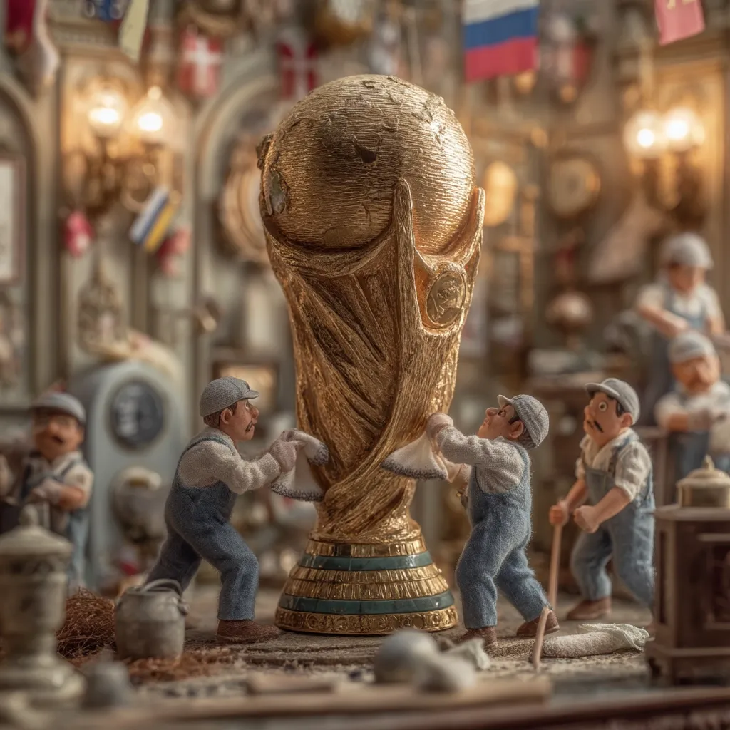 A miniature diorama depicts the FIFA World Cup trophy being meticulously cleaned by tiny, uniformed figures.  The golden trophy stands prominently, its details sharply defined against a blurred background of a quaint workshop filled with miniature workers and national flags. The scene is evocative of craftsmanship and the celebration of a global event.