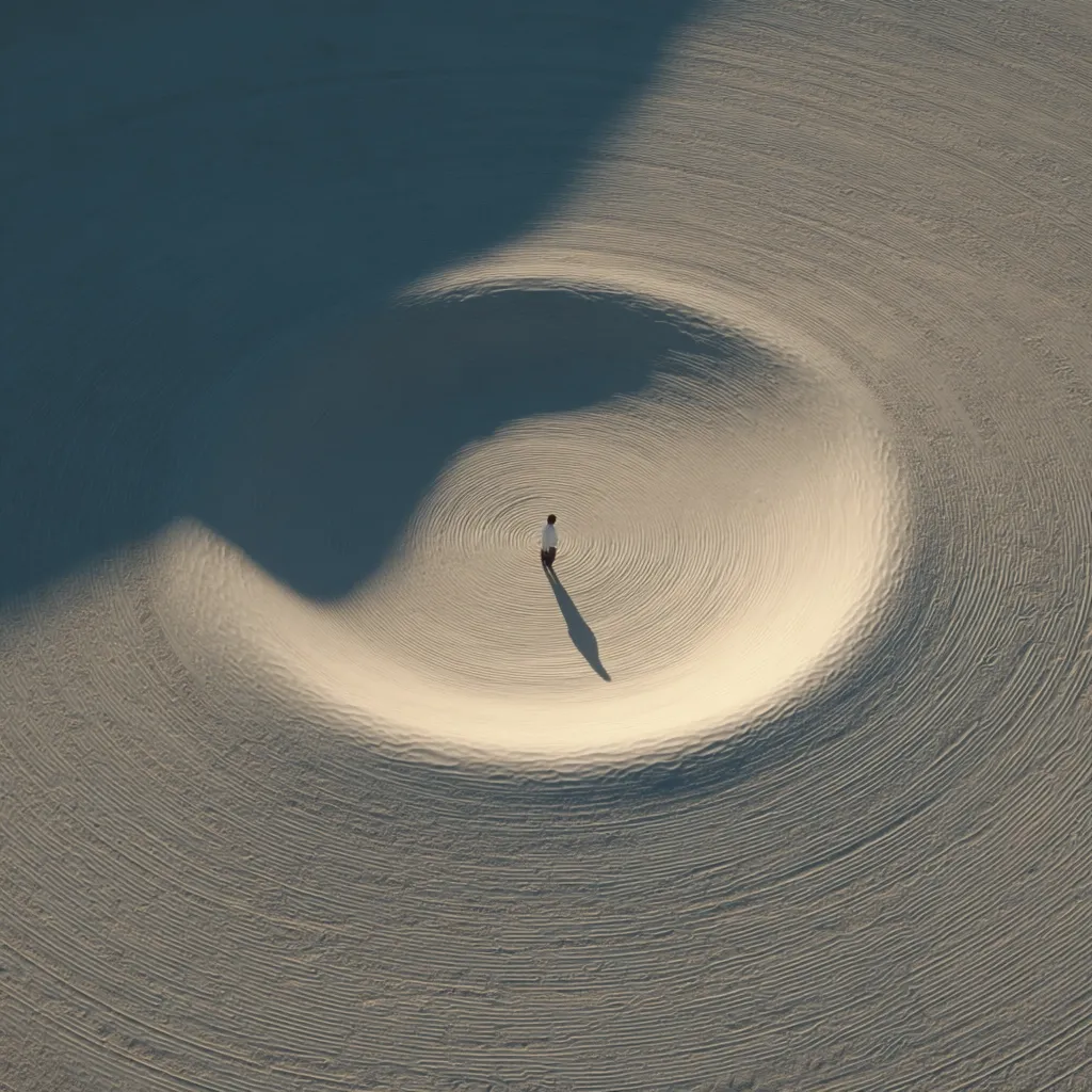 An aerial view captures a lone figure standing in the center of a large, circular depression in a vast expanse of sand.  The sand shows concentric ripples, creating a mesmerizing pattern. The person, small in scale against the immense landscape, casts a long shadow, emphasizing the scale and solitude of the scene. The overall effect is one of peaceful isolation within a striking natural formation.