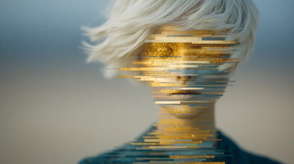 A close-up portrait of a person with short, platinum blonde hair.  Their face is partially obscured by a digital effect of shimmering gold and blue lines, creating a glitching or fragmented appearance. The image has a dreamy, ethereal quality, blending reality with digital artistry.  The overall mood is one of mystery and modern beauty.