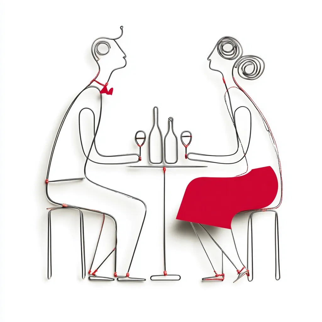 A wire sculpture depicts a romantic dinner scene.  A man and woman, represented by stylized wire figures, sit at a small table.  Two wine bottles and glasses are on the table. The woman wears a red skirt, a pop of color against the black wire. The scene is minimalist and elegant, suggesting intimacy and a quiet moment.