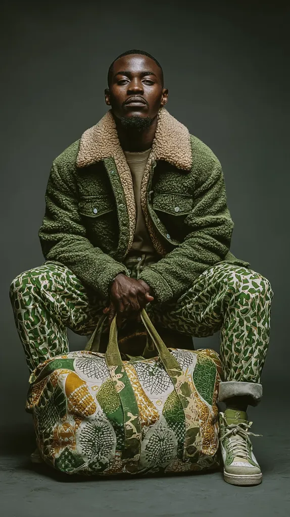 A dark-skinned man sits against a muted gray background, exuding a serious demeanor. He's dressed in a green sherpa-lined jacket and matching camouflage-patterned pants.  A large, patterned duffel bag rests in his lap. His attire is predominantly olive green and cream, complemented by his off-white high-top sneakers. The overall image conveys a sense of urban style and quiet confidence.