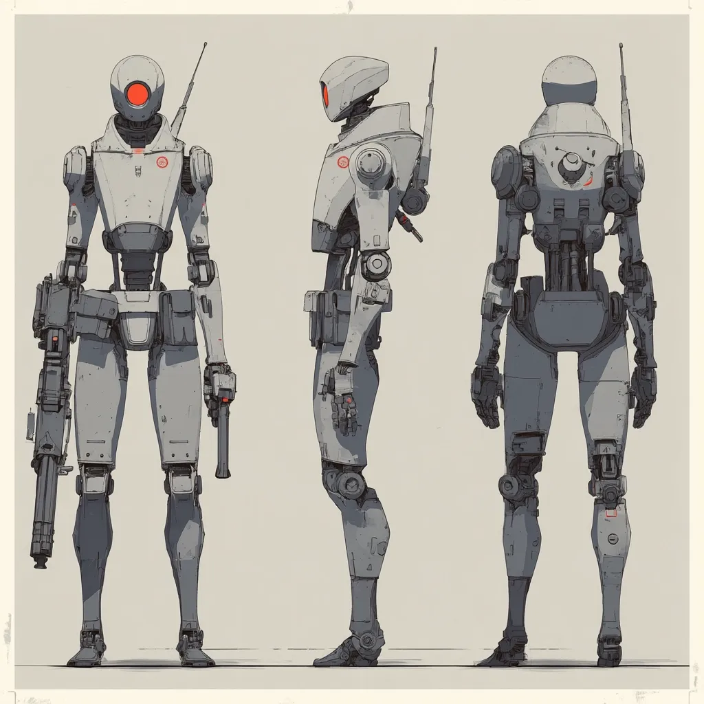 The illustration showcases a bipedal robot from three perspectives: front, side, and rear.  The robot is predominantly light gray, with red accents on its hands and head.  It features a boxy design, segmented limbs, and carries a large firearm.  Antennae extend from its head. The style suggests a military or security application. The image's clean lines and muted color palette create a technical design aesthetic.
