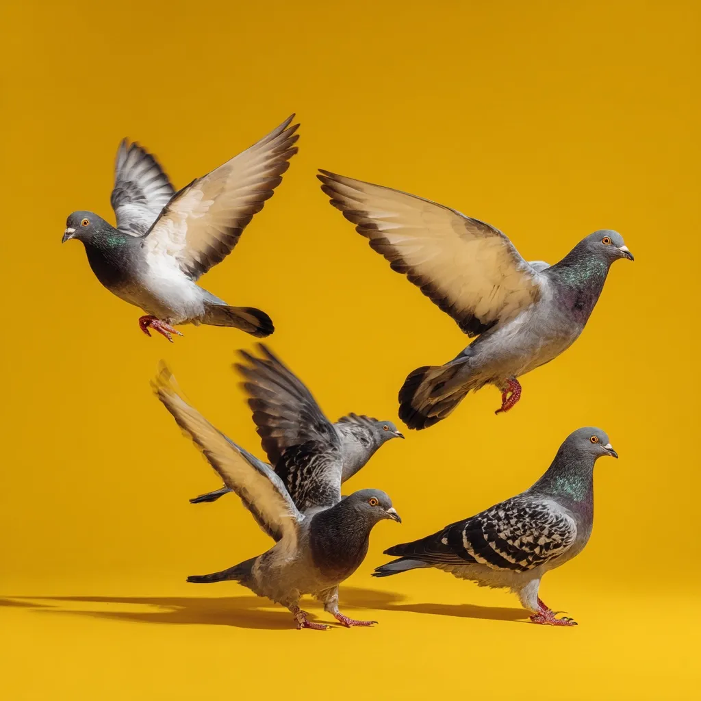 Four pigeons are dynamically posed against a vibrant yellow background.  Two are in mid-flight, wings spread wide, while two others are perched, showcasing a variety of angles and positions.  The birds' grey and brown plumage contrasts sharply with the bright backdrop, creating a visually striking image. The overall impression is one of motion and energy.