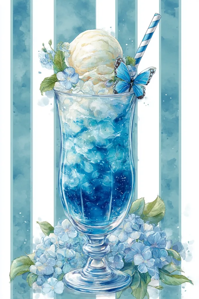 A watercolor painting depicts a refreshing blue soda float.  A scoop of vanilla ice cream sits atop a tall glass filled with a vibrant blue bubbly drink, garnished with delicate blue flowers and a charming blue butterfly.  A striped straw adds a touch of whimsy. The entire scene is set against a backdrop of soft blue and white stripes, creating a serene and visually appealing image.