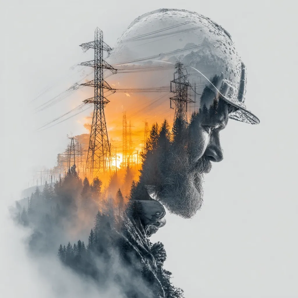 A double exposure image depicts a bearded man, wearing a hard hat, his profile facing right.  Superimposed over his face and body is a landscape of a forest at sunset, with tall electricity pylons dominating the scene. The effect blends the man with his work environment, suggesting a powerful connection between the individual and the energy industry.  The overall tone is moody and atmospheric, with a grayscale palette accented by the warm sunset hues.