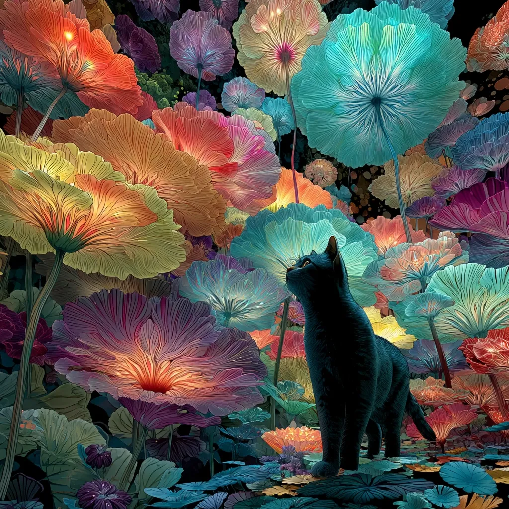 A black cat stands amidst a vibrant garden of luminous, oversized flowers.  The flowers are depicted in a range of jewel tones, from deep purples and blues to warm oranges and reds, their petals radiating an ethereal glow. The scene is fantastical and dreamlike, with the cat appearing both observant and serene within this magical, colorful landscape.