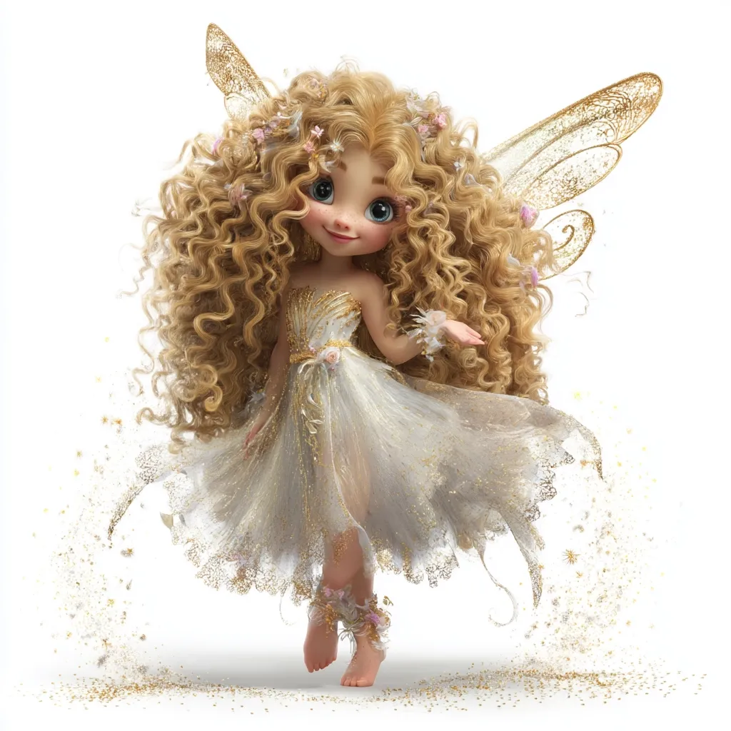 A charming digital rendering of a fairy girl.  She possesses long, curly blonde hair adorned with flowers, and wears a shimmering, pale-gold dress.  Her delicate wings are a sparkling gold, and she's barefoot, with small floral accents on her ankles.  Gold glitter trails behind her, adding a magical quality to the image.  She appears cheerful and welcoming, extending one hand in a gesture of greeting.