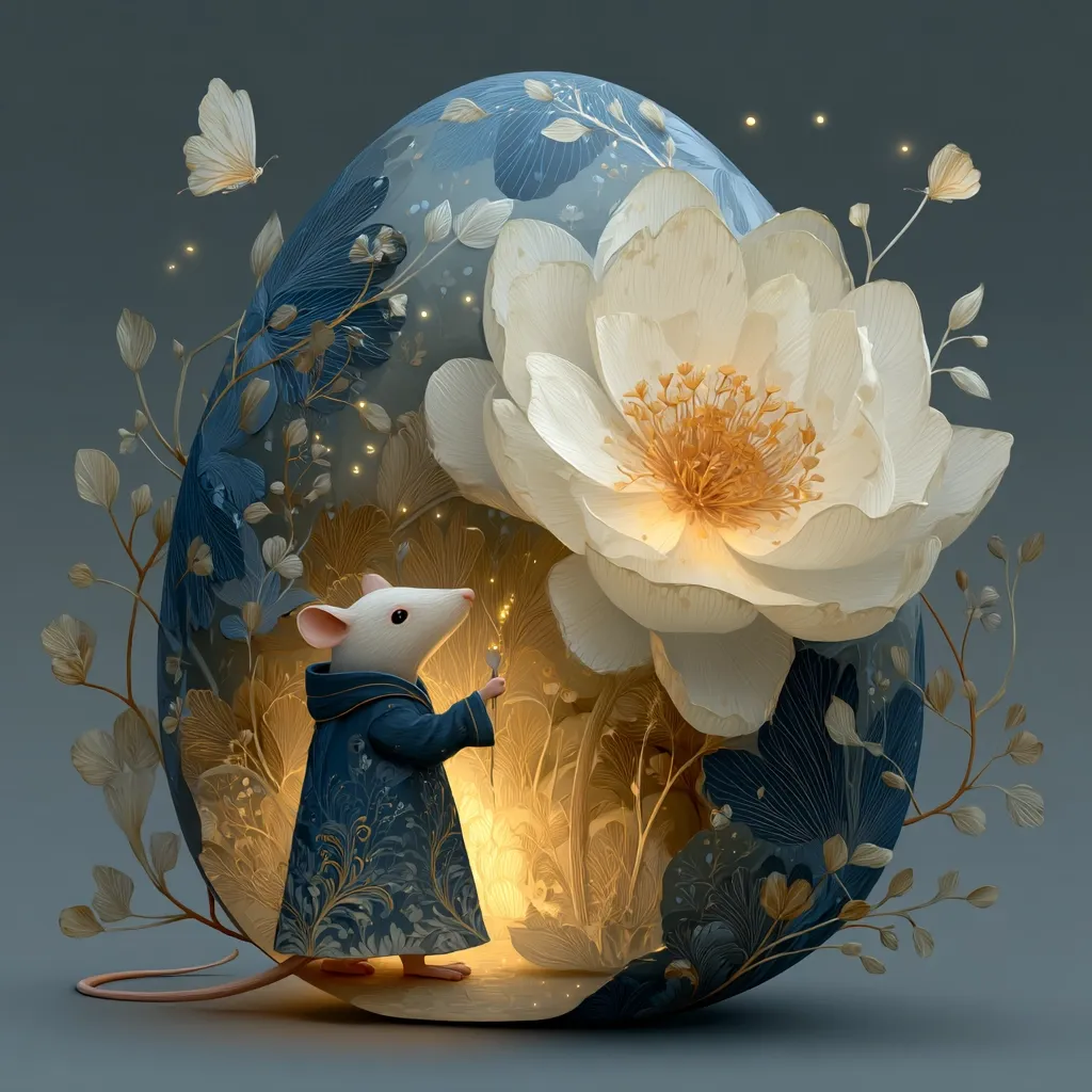 A charming illustration depicts a small, white mouse in a blue robe standing before a luminous white flower nestled within a large, intricately designed egg.  The egg is adorned with delicate floral patterns in shades of blue and gold, and tiny butterflies flutter nearby. A soft, warm light emanates from within the egg, creating a magical and whimsical scene.