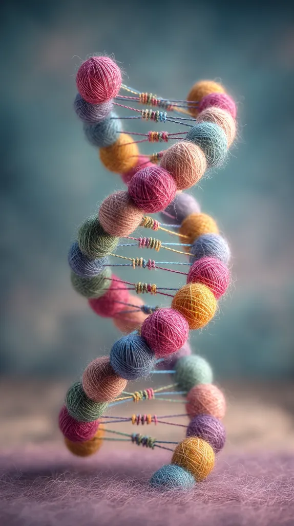 A double helix structure, reminiscent of DNA, is crafted from colorful yarn balls connected by thin threads.  The pastel-colored balls are arranged in a spiraling formation, creating a visually appealing and artistic representation of a scientific concept. The helix rests gently on a soft, mauve surface, enhancing the overall aesthetic.