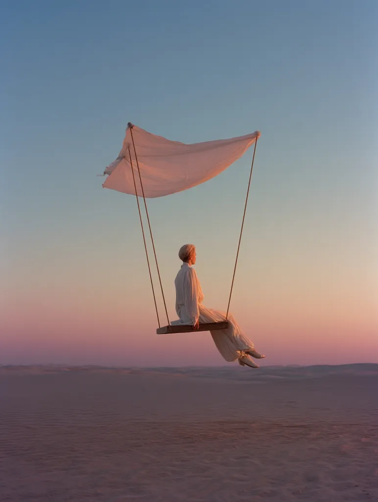 A person sits on a swing in a desert at sunset.  The swing has a fabric canopy providing shade. The sand stretches to the horizon under a soft, pastel sky. The scene is serene and peaceful, evoking a sense of solitude and contemplation.  The individual is dressed in light-colored clothing.