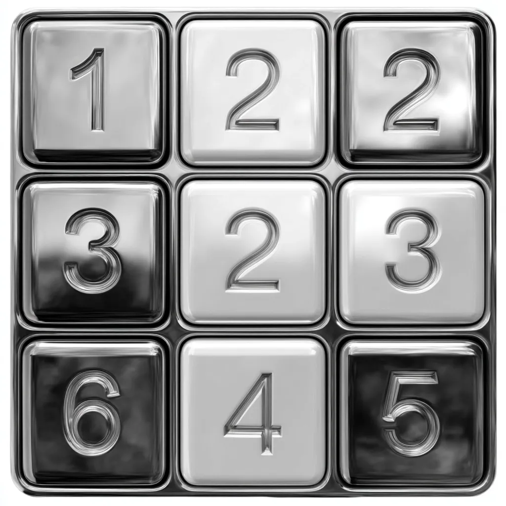 A metallic keypad displays a sequence of numbers arranged in a 3x3 grid.  The buttons are silver and dark gray, alternating in a checkerboard pattern. The numbers are embossed and reflect light, creating a shiny effect. The overall appearance is sleek and modern, possibly representing a security code or combination lock.