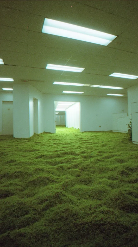 A brightly lit, minimalist office hallway is completely covered in a thick carpet of vibrant green moss.  Fluorescent ceiling lights illuminate the scene, casting a soft, even glow.  White walls and closed doors line the hallway, creating a stark contrast with the unexpected floor covering. The overall effect is strangely calming and surreal.