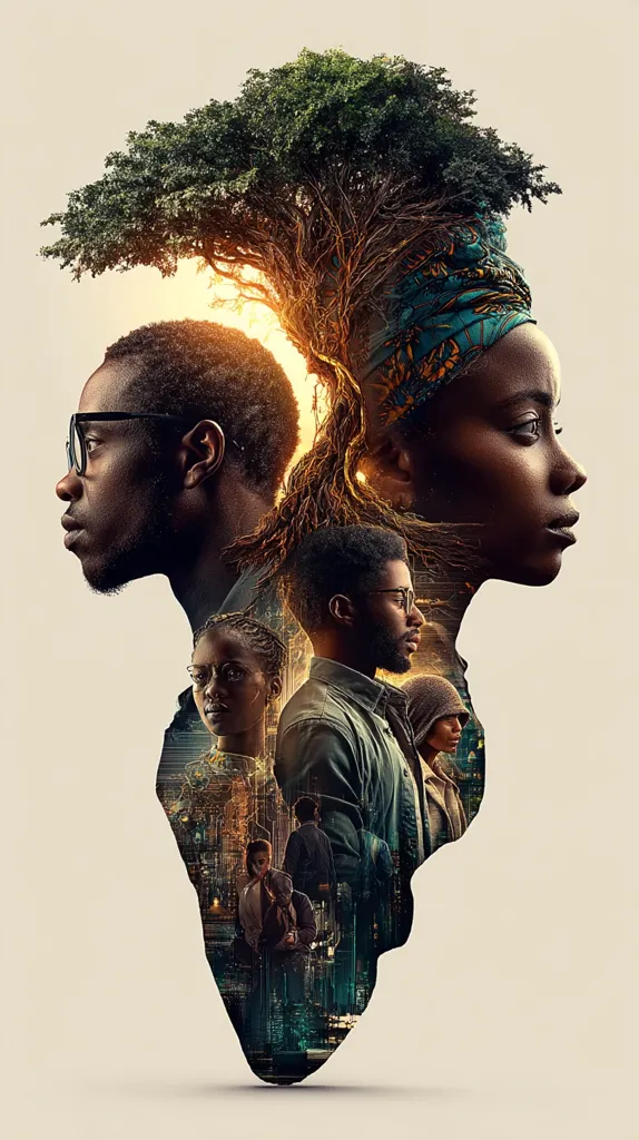 A captivating image showcases two prominent figures, a man and a woman, their profiles juxtaposed.  A vibrant, sprawling tree forms a crown above them, its roots intertwining their forms.  Embedded within the tree's structure are smaller figures, suggesting a community or group, set against a backdrop of a city at night. The artwork blends natural and urban elements, symbolizing connection and perhaps heritage.
