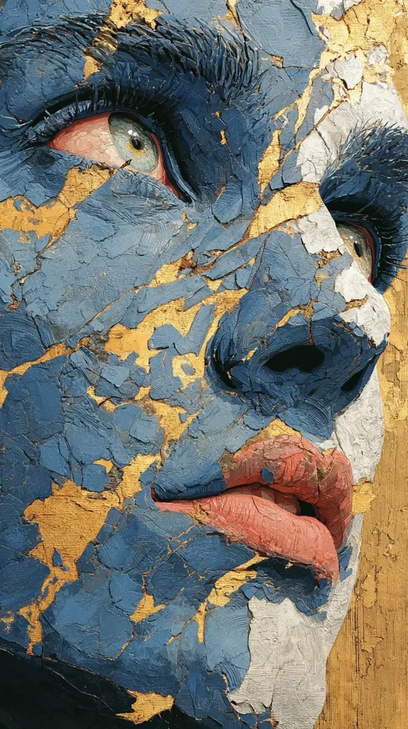 A close-up of a stylized portrait reveals a face painted in cracked blue and gold hues, resembling an aged or decaying surface.  The paint reveals glimpses of a gold underlayer. The eyes are striking, with hints of underlying skin tones visible through the cracks.  The lips are a muted red, adding a touch of warmth to the overall cool palette. The texture is heavily emphasized, giving a three-dimensional, almost sculptural feel.