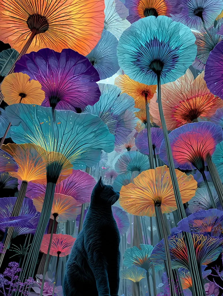 A black cat sits serenely amidst a vibrant, surreal forest.  Towering, umbrella-like flowers in shades of turquoise, purple, orange, and pink create a fantastical atmosphere. The cat's dark silhouette contrasts beautifully with the bright, almost iridescent blossoms, creating a captivating and otherworldly scene.  The image evokes a sense of mystery and wonder.