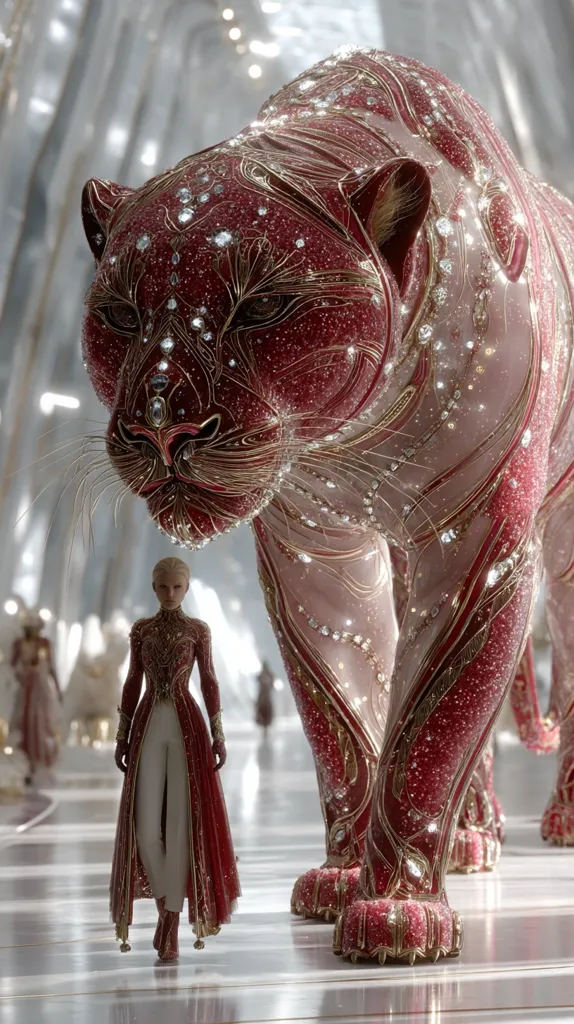 A woman in an ornate red and gold gown stands before an enormous, jeweled panther.  The panther is crafted from a shimmering red material, adorned with gold filigree and sparkling crystals.  The scene is set in a grand, light-filled hall, with other figures subtly visible in the background. The overall aesthetic is one of opulent fantasy, with a blend of regal elegance and magical realism.