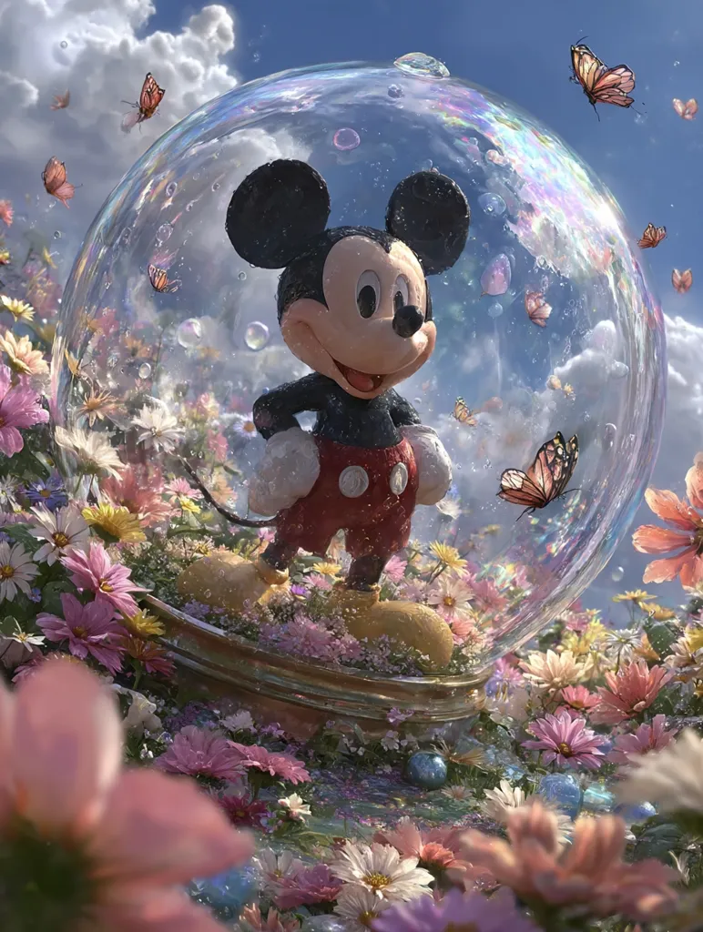 Mickey Mouse stands happily inside a large, transparent glass sphere nestled amongst a vibrant field of colorful flowers and fluttering butterflies.  The scene is idyllic and whimsical, evoking a sense of childlike wonder and enchantment.  Soft lighting and pastel hues create a dreamy, ethereal atmosphere.