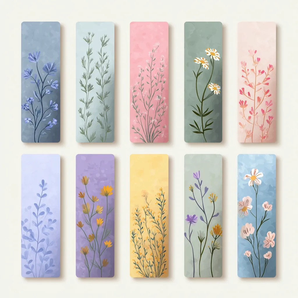 Ten vertical rectangular bookmarks are displayed, each featuring a unique floral design.  Pastel backgrounds in varying shades of blue, green, purple, pink, and yellow complement the delicate watercolor-style illustrations of wildflowers and foliage.  The designs are simple yet elegant, showcasing a variety of flowering plants and textures. The bookmarks offer a charming and nature-inspired aesthetic.