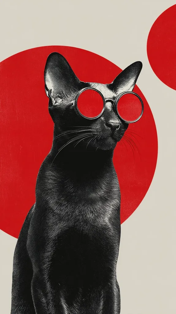 A stylish black cat, depicted in a graphic art style, wears round red glasses.  It's positioned against a backdrop of large, contrasting red circles on a cream-colored background. The image evokes a retro or minimalist aesthetic, with the cat as the central focus. The sharp lines and bold colors create a striking visual.