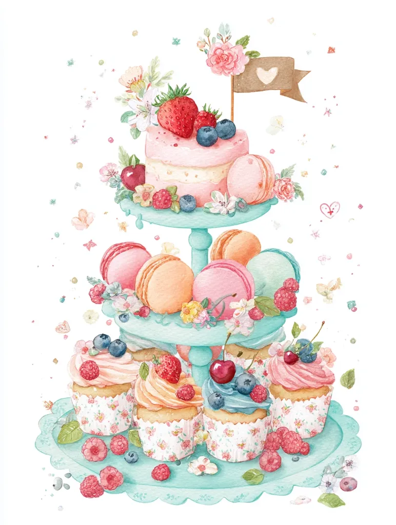 A watercolor illustration of a tiered cake stand overflowing with delectable treats.  The top tier features a small, pink layer cake adorned with strawberries and blueberries.  Below, pastel-colored macarons and cupcakes, each topped with fresh berries and flowers, are artfully arranged.  The entire scene is charming and whimsical, with a delicate, pastel color palette and scattered floral accents.  The overall style evokes a feeling of sweetness and celebration.